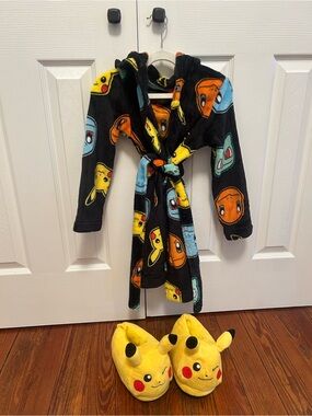 Kids Black Pokemon Character Fleece Robe with Pikachu Slippers Set